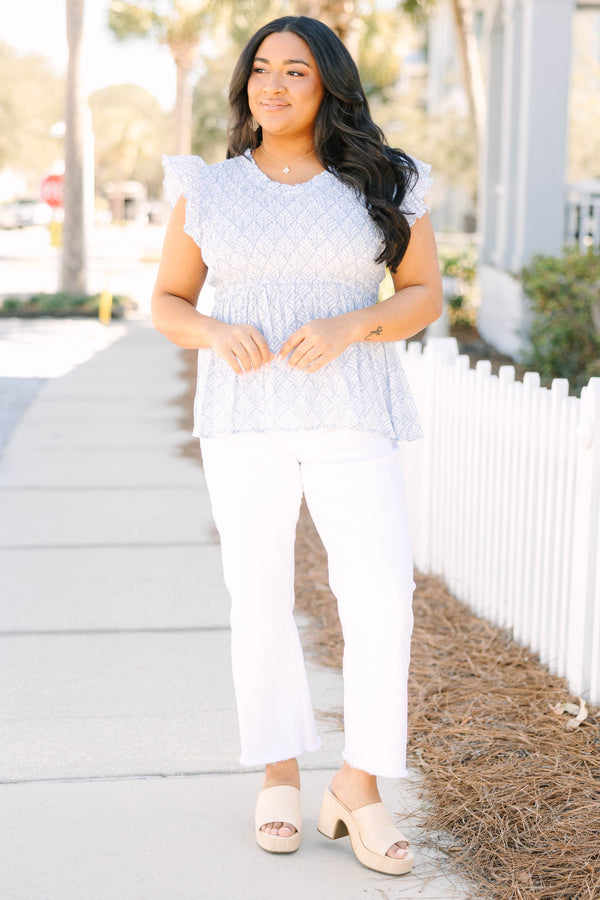 Chic Soul plus size clothing, light blue short flutter sleeve babydoll top with scoop neckline and white palm leaf pattern