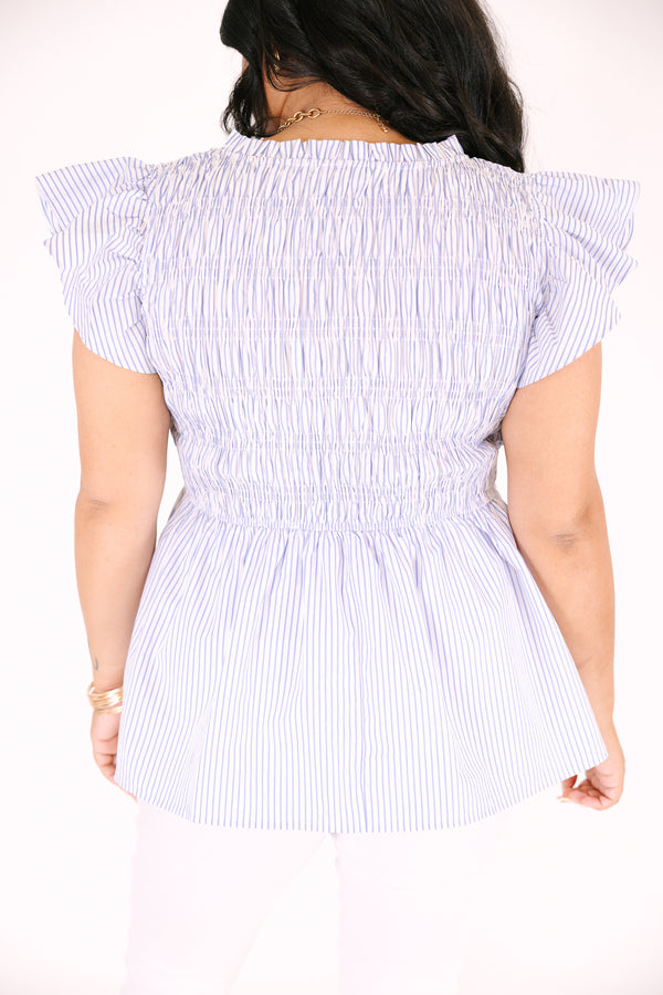 Chic Soul plus size clothing, blue short flutter sleeve babydoll top with scoop neckline and blue/white smocked striped pattern