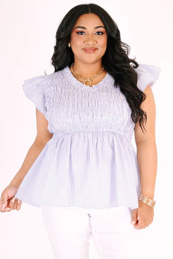 Chic Soul plus size clothing, blue short flutter sleeve babydoll top with scoop neckline and blue/white smocked striped pattern