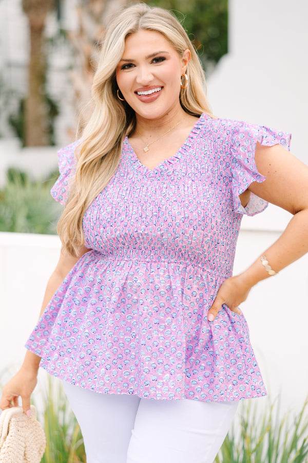 Chic Soul plus size clothing, light pink and blue pattern flutter sleeve peplum top with rouching on the chest area
