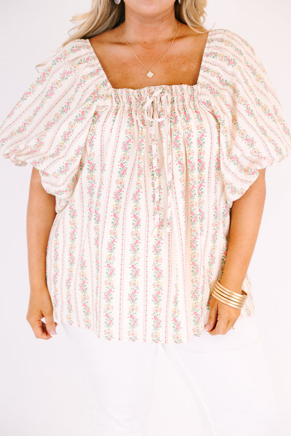 Chic Soul plus size clothing, ivory top with bubble sleeves and a square shaped neckline as well as a floral striped pattern throughout 