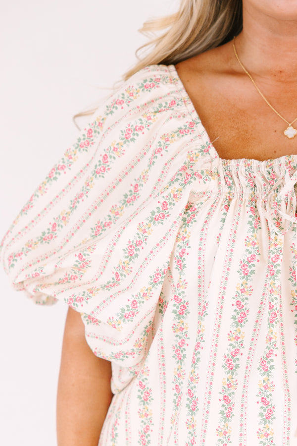 Chic Soul plus size clothing, ivory top with bubble sleeves and a square shaped neckline as well as a floral striped pattern throughout 