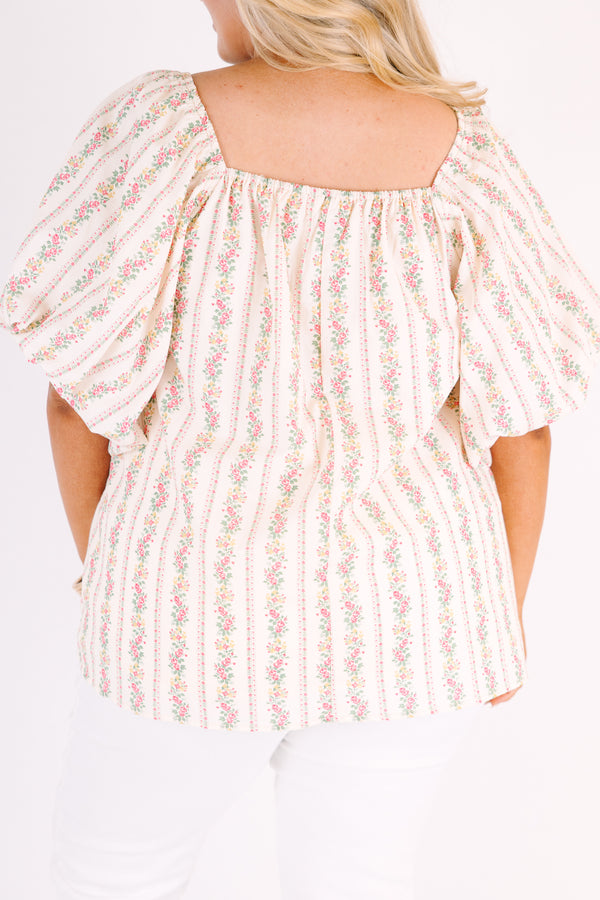 Chic Soul plus size clothing, ivory top with bubble sleeves and a square shaped neckline as well as a floral striped pattern throughout 