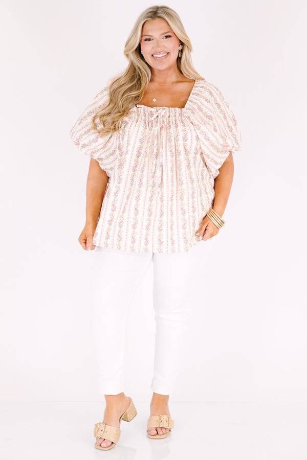 Chic Soul plus size clothing, ivory top with bubble sleeves and a square shaped neckline as well as a floral striped pattern throughout 