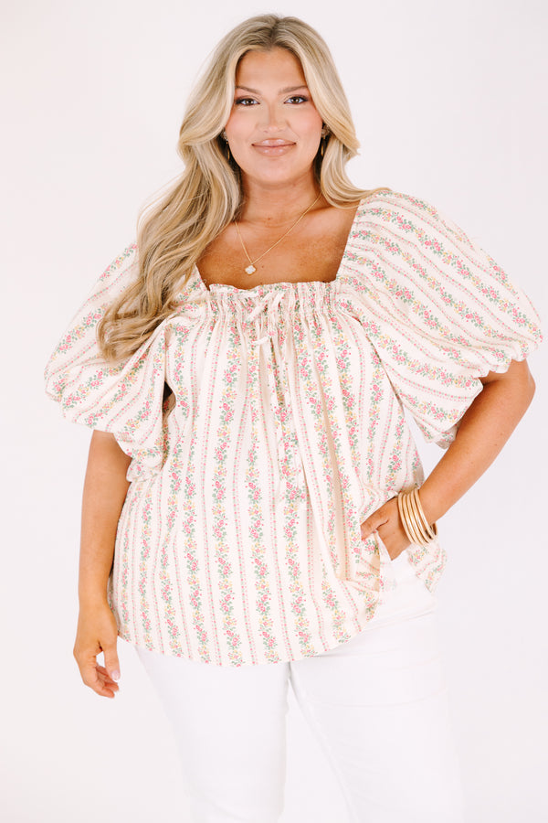 Chic Soul plus size clothing, ivory top with bubble sleeves and a square shaped neckline as well as a floral striped pattern throughout 
