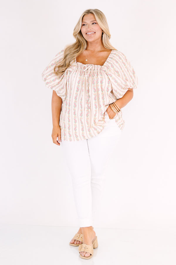Chic Soul plus size clothing, ivory top with bubble sleeves and a square shaped neckline as well as a floral striped pattern throughout 