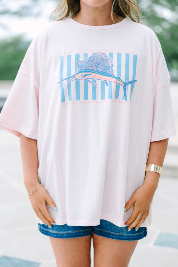Plus Size cream pink boyfriend tee with a marlin graphic and blue stripes, paired with denim shorts.