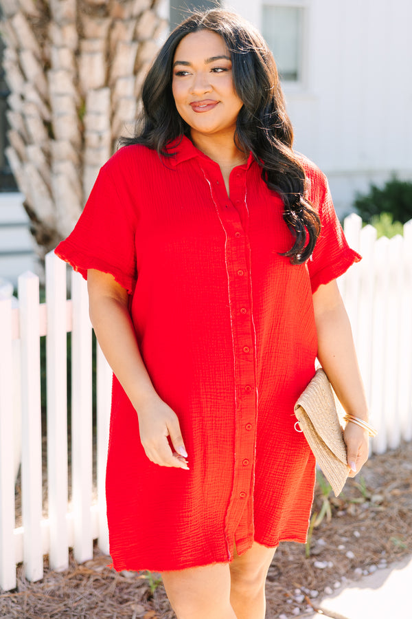 Chic Soul plus size clothing, red knee length dress with buttons going all the way down the center of the dress as well as short sleeves with a small ruffle at the end of the sleeves and a distressed look at the bottom of the dress 