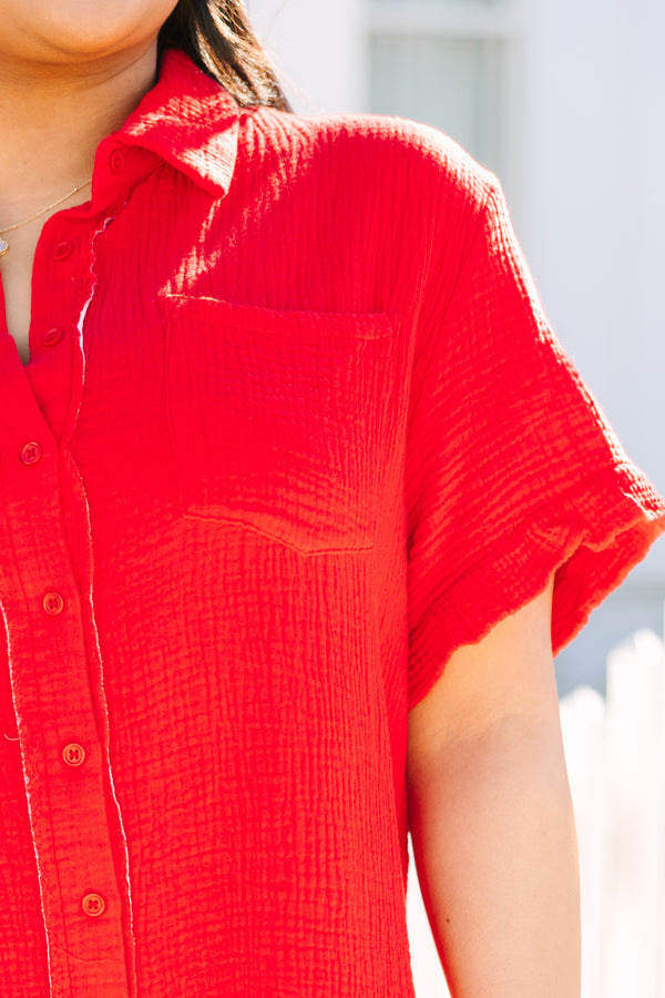 Chic Soul plus size clothing, red knee length dress with buttons going all the way down the center of the dress as well as short sleeves with a small ruffle at the end of the sleeves and a distressed look at the bottom of the dress 