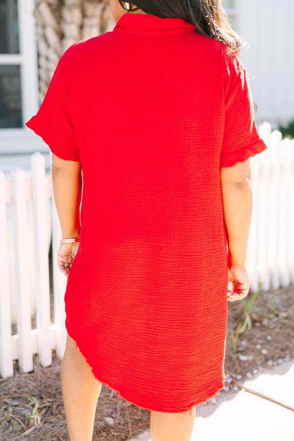 Chic Soul plus size clothing, red knee length dress with buttons going all the way down the center of the dress as well as short sleeves with a small ruffle at the end of the sleeves and a distressed look at the bottom of the dress 