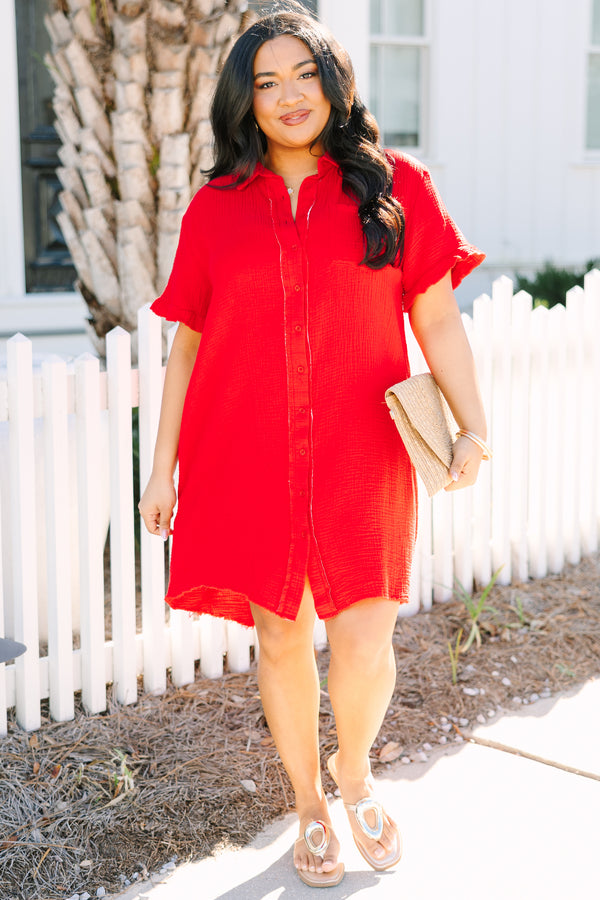 Chic Soul plus size clothing, red knee length dress with buttons going all the way down the center of the dress as well as short sleeves with a small ruffle at the end of the sleeves and a distressed look at the bottom of the dress 
