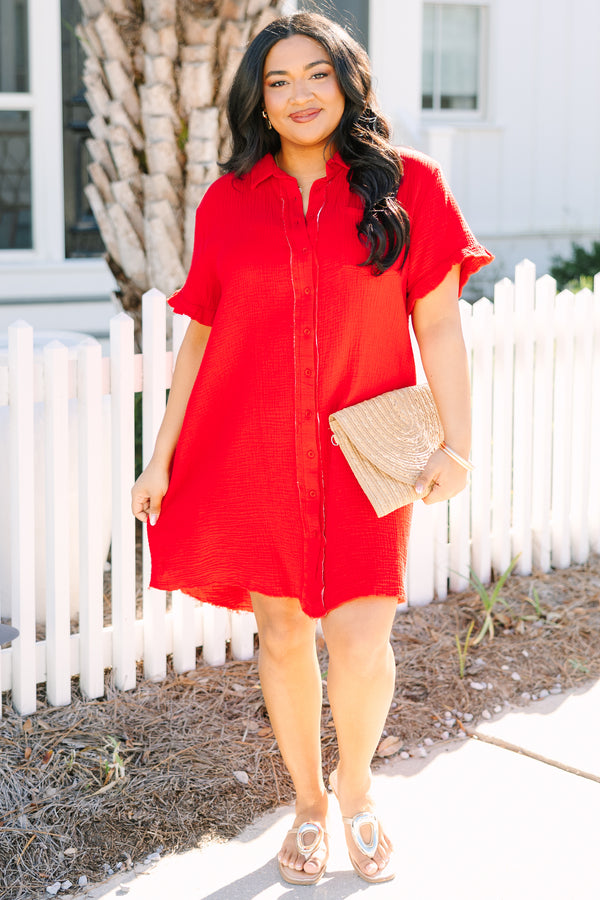 Chic Soul plus size clothing, red knee length dress with buttons going all the way down the center of the dress as well as short sleeves with a small ruffle at the end of the sleeves and a distressed look at the bottom of the dress 