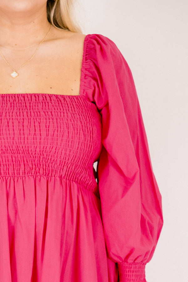 Chic Soul plus size clothing, hot pink maxi dress with long sleeves that have a ruffle flare out on the bottom of the sleeves a square neckline and an eyelet lace pattern below the knee on the dress