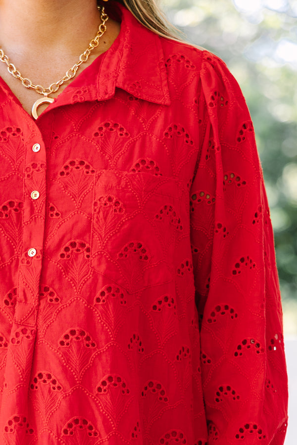 Chic Soul plus size clothing, red long sleeve eyelet fabric baby doll dress with ruffle hem and button up collar 