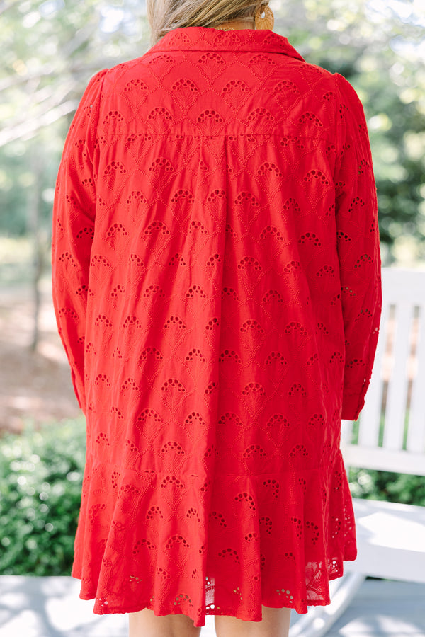 Chic Soul plus size clothing, red long sleeve eyelet fabric baby doll dress with ruffle hem and button up collar 
