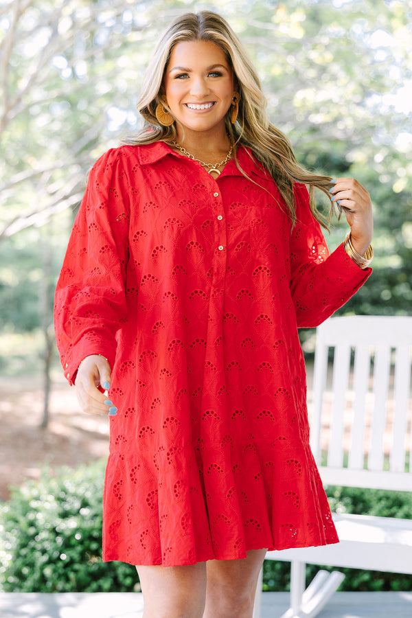 Chic Soul plus size clothing, red long sleeve eyelet fabric baby doll dress with ruffle hem and button up collar 