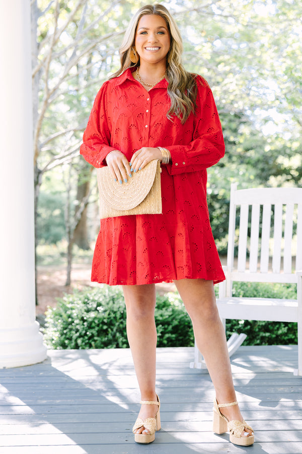 Chic Soul plus size clothing, red long sleeve eyelet fabric baby doll dress with ruffle hem and button up collar 