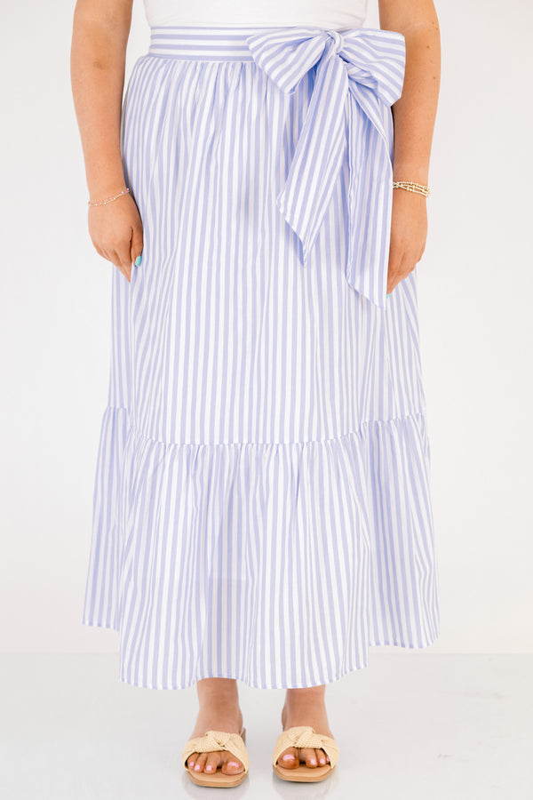 Chic Soul plus size clothing, blue and white vertical stripe maxi skirt with bow waist tie