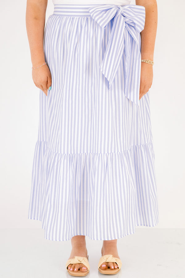 Chic Soul plus size clothing, blue and white vertical stripe maxi skirt with bow waist tie