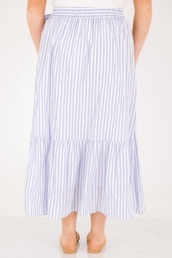 Chic Soul plus size clothing, blue and white vertical stripe maxi skirt with bow waist tie