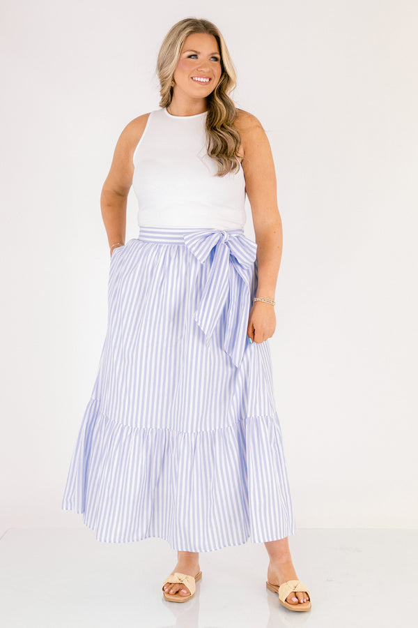 Chic Soul plus size clothing, blue and white vertical stripe maxi skirt with bow waist tie