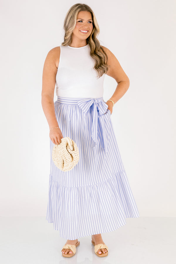 Chic Soul plus size clothing, blue and white vertical stripe maxi skirt with bow waist tie