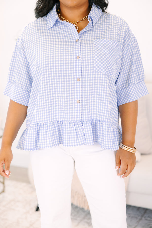 Plus Size blue and white gingham button-down top with short sleeves and a ruffled hem.