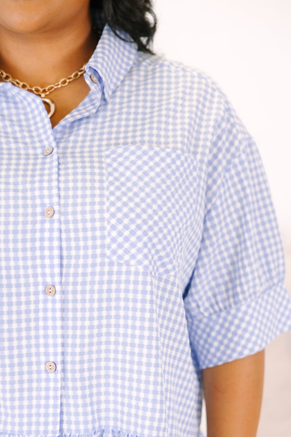 Plus Size blue and white gingham button-down top with short sleeves and a ruffled hem.