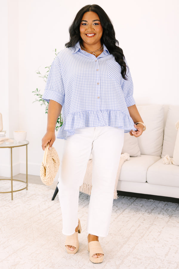 Plus Size blue and white gingham button-down top with short sleeves and a ruffled hem.