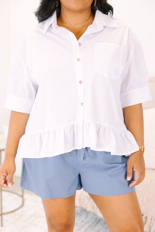 Plus Size white button-down top with short puff sleeves and a ruffled hemline.