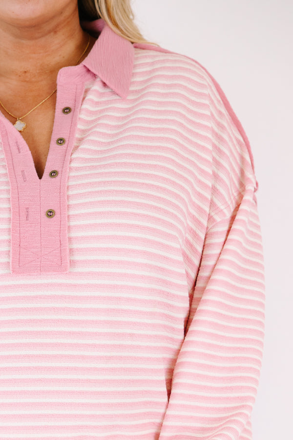 Chic Soul plus size clothing, pink striped long sleeve pullover with a solid pink stripe at the end of each sleeve on the bottom of the pullover and along the button-up neckline as well as a collar 