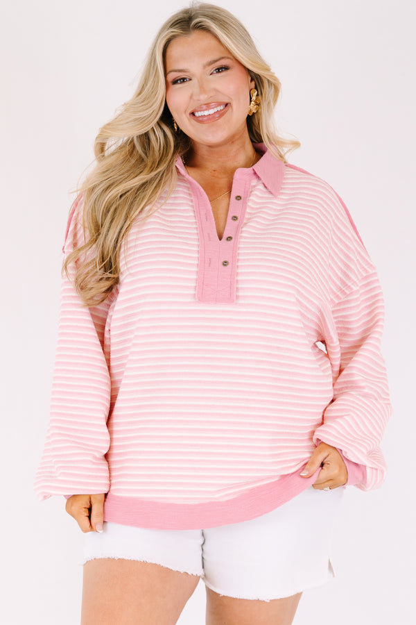 Chic Soul plus size clothing, pink striped long sleeve pullover with a solid pink stripe at the end of each sleeve on the bottom of the pullover and along the button-up neckline as well as a collar 