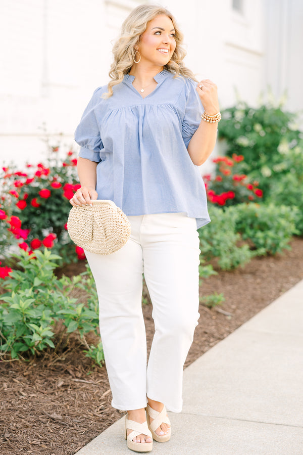 Chic Soul plus size clothing, a top in chambray with ruffle details at the collar, puff sleeves, and gathering details just above the bust