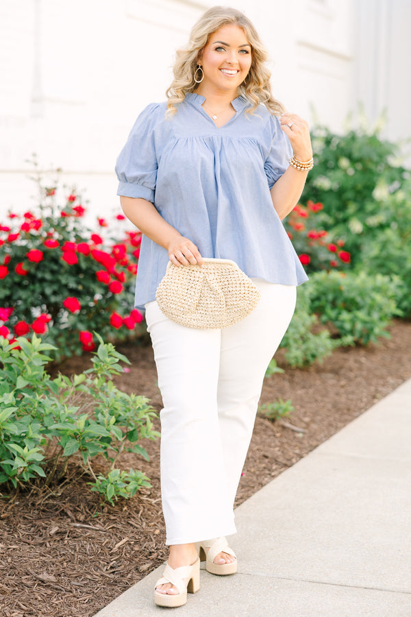 Chic Soul plus size clothing, a top in chambray with ruffle details at the collar, puff sleeves, and gathering details just above the bust