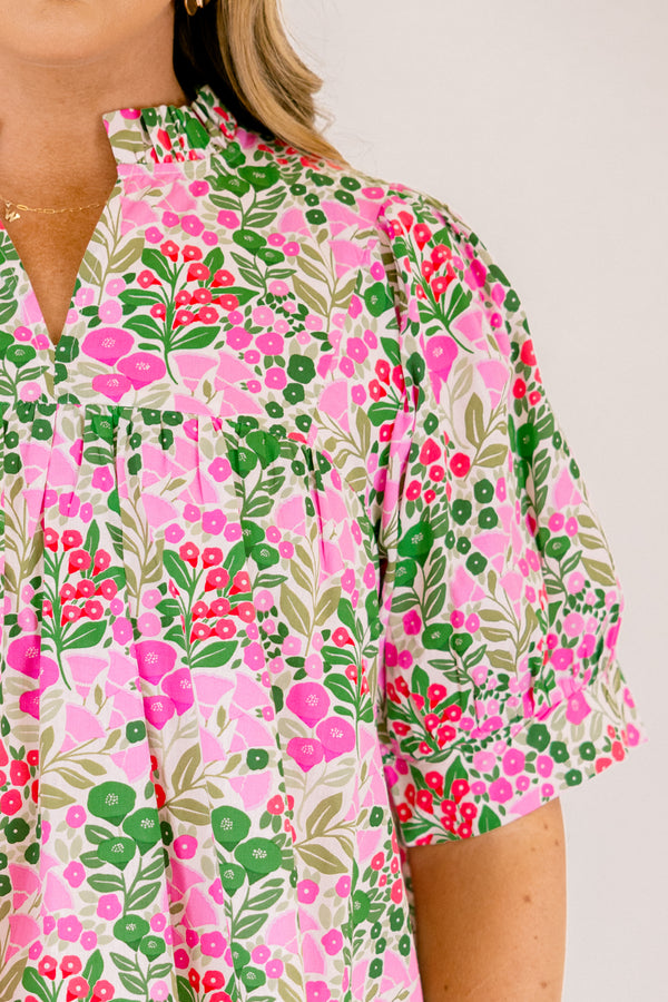 Chic Soul plus size clothing, pink and green floral dot print short puff sleeve top with v neck cutout