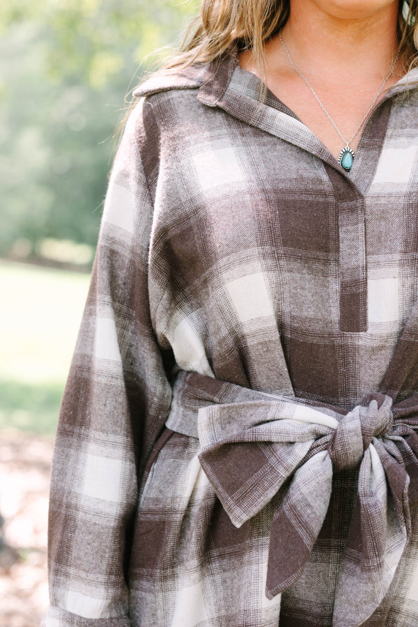 Plus Size brown and white plaid dress with long sleeves, a collared neckline, and a waist tie.