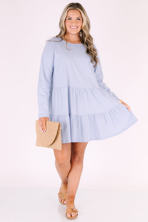 Chic Soul plus size clothing, light blue long sleeve tiered baby doll dress with scoop neckline