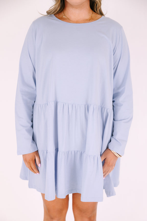 Chic Soul plus size clothing, light blue long sleeve tiered baby doll dress with scoop neckline