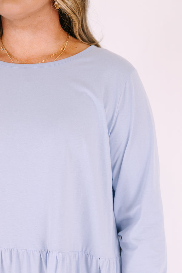 Chic Soul plus size clothing, light blue long sleeve tiered baby doll dress with scoop neckline