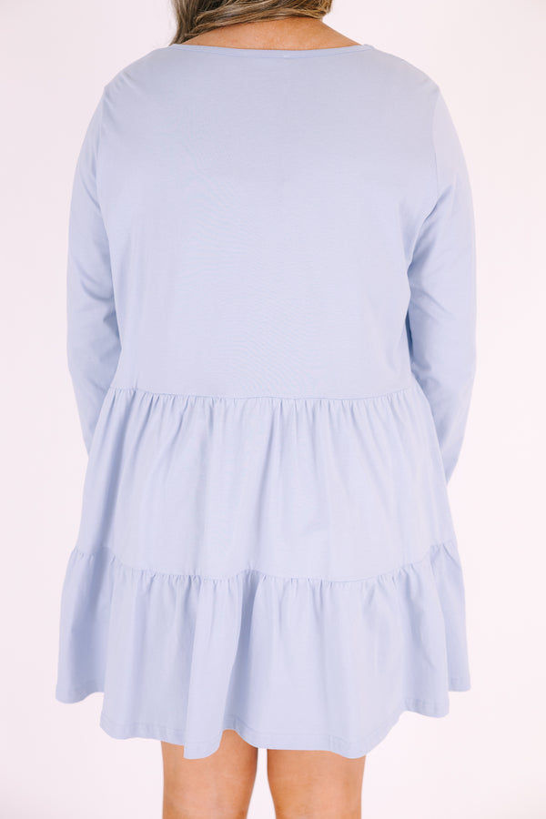 Chic Soul plus size clothing, light blue long sleeve tiered baby doll dress with scoop neckline