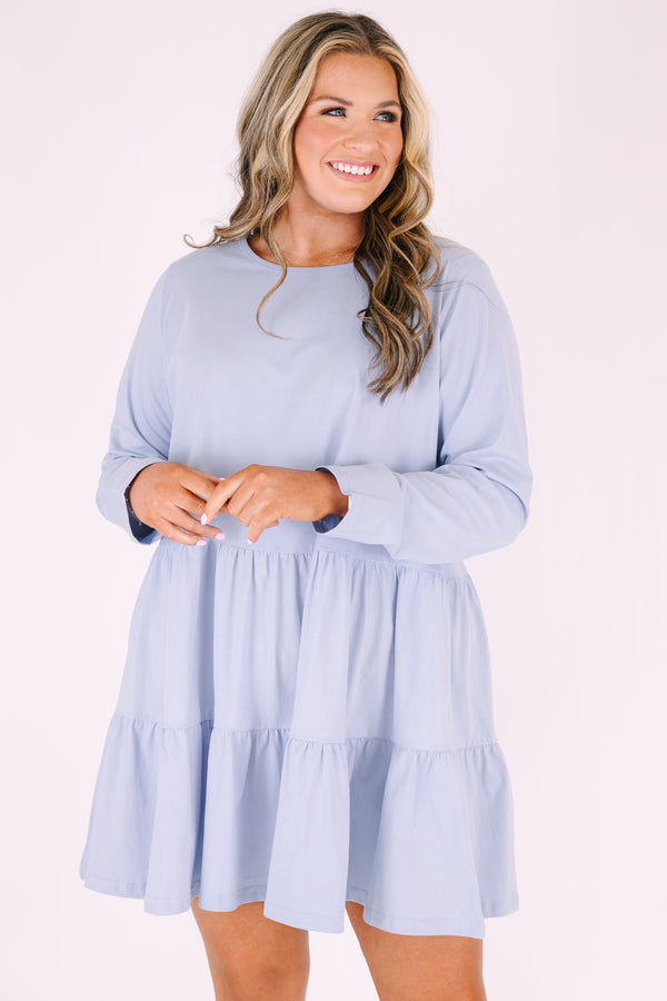 Chic Soul plus size clothing, light blue long sleeve tiered baby doll dress with scoop neckline