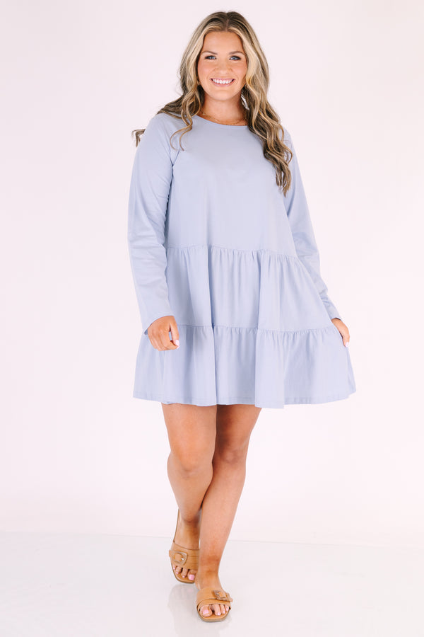 Chic Soul plus size clothing, light blue long sleeve tiered baby doll dress with scoop neckline