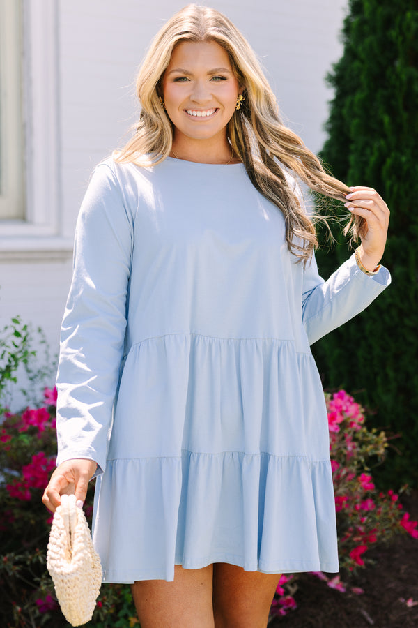 Chic Soul plus size clothing, light blue long sleeve tiered baby doll dress with scoop neckline