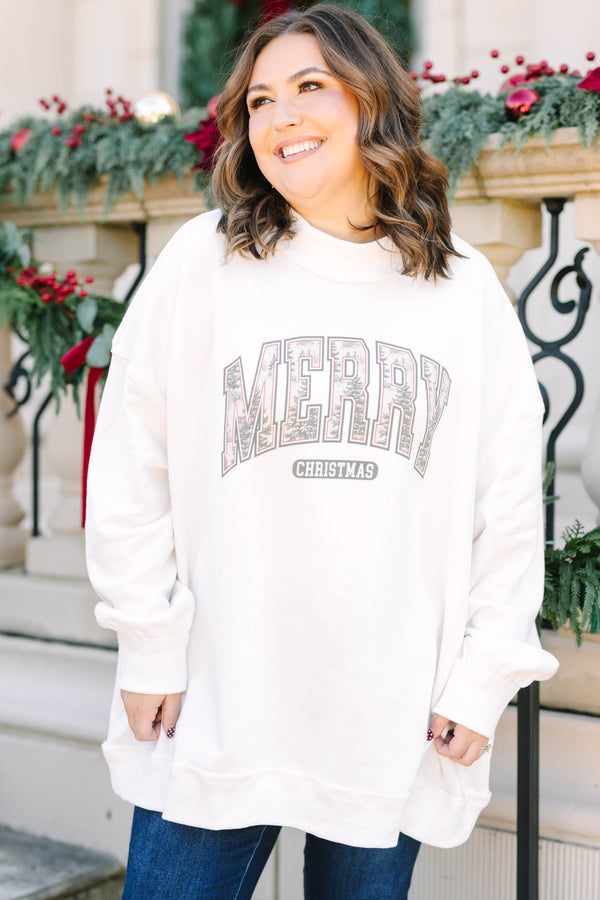 Plus Size ivory mock neck pullover with a graphic 