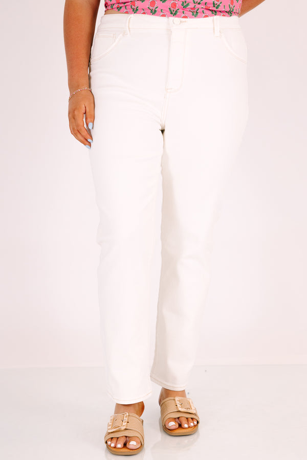 Chic Soul plus size clothing, white jeans with straight fit and beige stitching