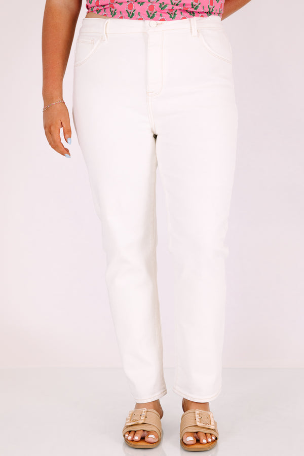 Chic Soul plus size clothing, white jeans with straight fit and beige stitching