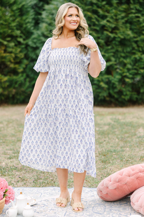 Chic Soul plus size clothing, white and purple floral print square neck puff sleeve tiered midi dress