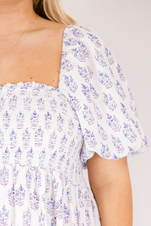 Chic Soul plus size clothing, white and purple floral print square neck puff sleeve tiered midi dress