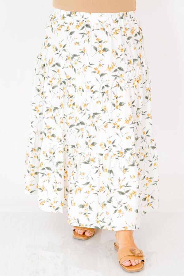 Chic Soul plus size clothing, white maxi skirt with yellow floral print