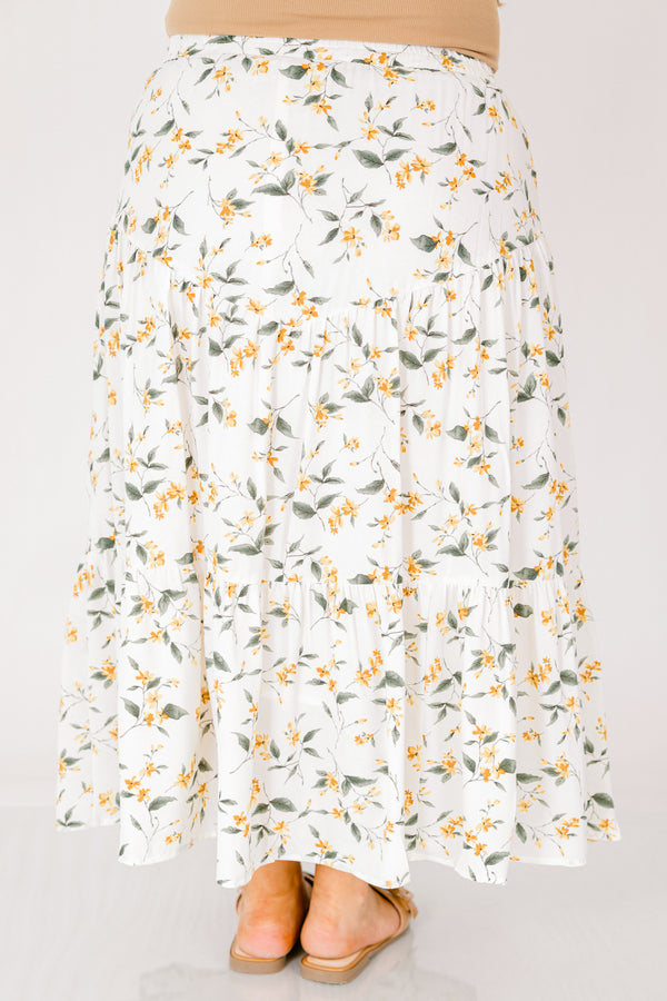 Chic Soul plus size clothing, white maxi skirt with yellow floral print
